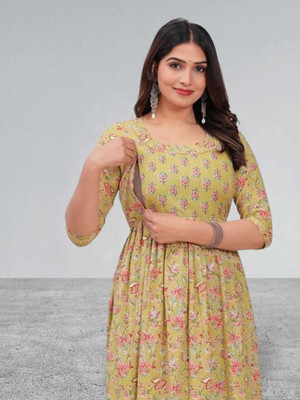 HOUSE OFF COMMON Women Printed Anarkali Kurta(Yellow)