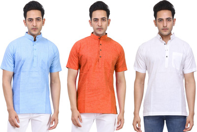 Kavita Fasion Men Solid Straight Kurta(Light Blue, White, Orange)