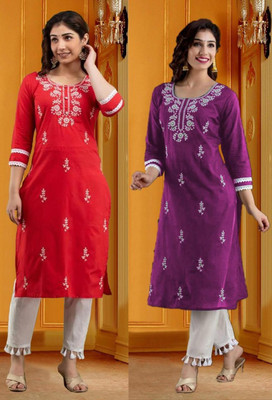 SISTO Women Chikan Embroidery Straight Kurta(Multicolor)