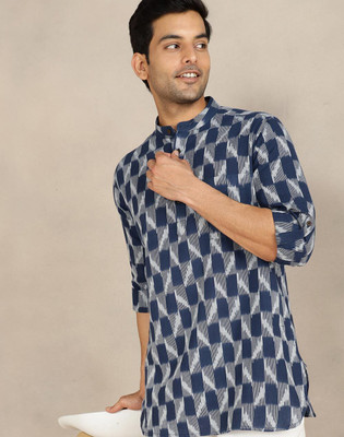 Fabindia Men Woven Design Straight Kurta(Blue)