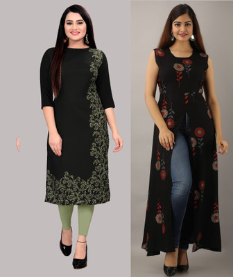Hiral Creation Women Striped, Printed Straight Kurta(Black)