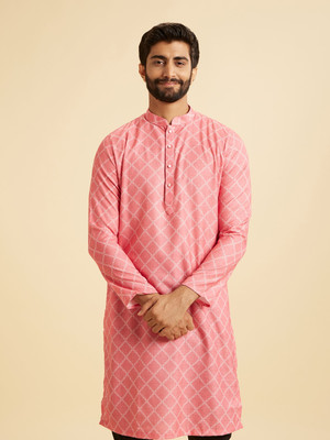 MANYAVAR Men Printed Straight Kurta(Pink)