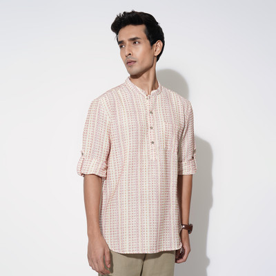 Indus Route by Pantaloons Men Printed Straight Kurta(Beige)