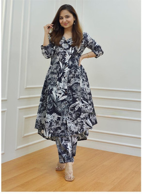 gangfab Women Floral Print Anarkali Kurta(Black)