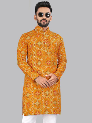 Divastri Men Printed A-line Kurta(Yellow)
