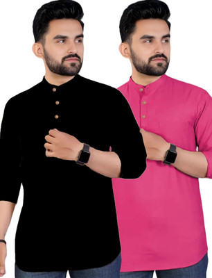 DaReal Men Solid Straight Kurta(Pink)