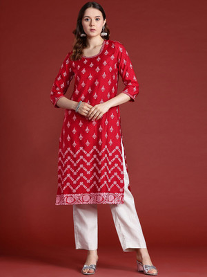 ANOUK Women Printed Straight Kurta(Red)