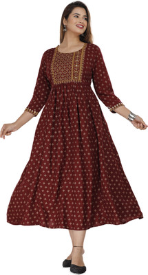 NANAK FEB Women Embroidered A-line Kurta(Maroon)