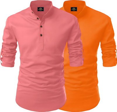 LIRMO Men Solid Straight Kurta(Orange, Pink)