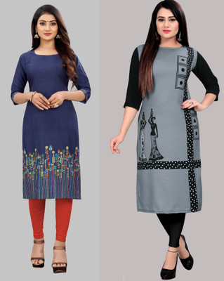 maruti fab Women Printed, Striped Straight Kurta(Dark Blue, Pink)