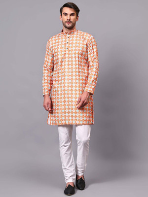 Yugnik Men Self Design A-line Kurta(Orange)