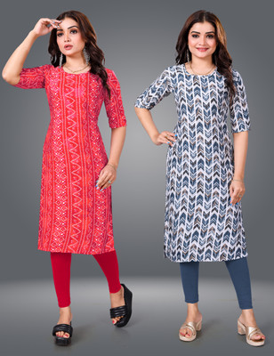 YATKSH Women Printed Straight Kurta(Blue)