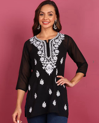 MAMTA FASHION Women Chikan Embroidery Straight Kurta(Black)