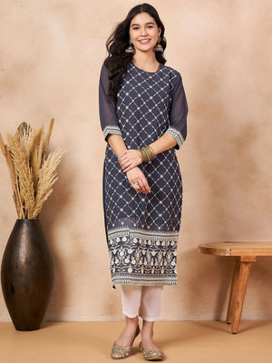 ANOUK Women Geometric Print Straight Kurta(Grey)