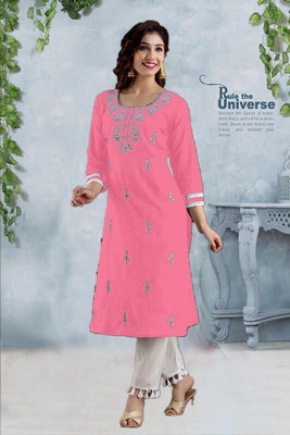 vikshi Women Embroidered Straight Kurta(Pink)