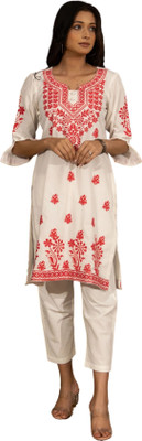Gailee Women Embroidered Straight Kurta(White)