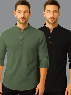 LENIA Men Solid A-line Kurta(Green, Black)