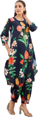 Satya International Women Floral Print Flared Kurta(Black)