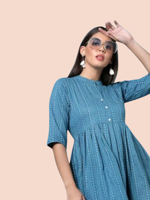 Houseofcommonv Women Striped A-line Kurta(Blue)