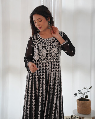 Anni Designer Women Embroidered Anarkali Kurta(Black)