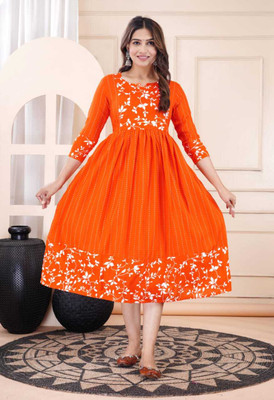 chhaya fashion Women Floral Print Anarkali Kurta(Orange)