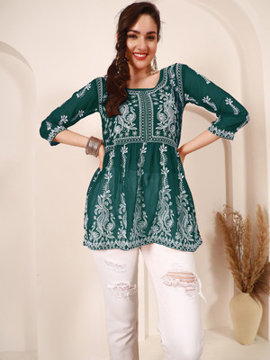 Anmi Embroidered Women Flared Kurta(Dark Blue)