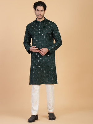 CHIRASVI Men Embroidered Straight Kurta(Green)