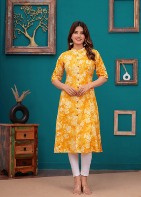 Chaukas Women Floral Print A-line Kurta(Yellow)