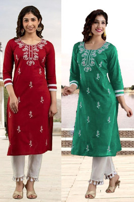 vikshi Women Chikan Embroidery Straight Kurta(Red, Green)