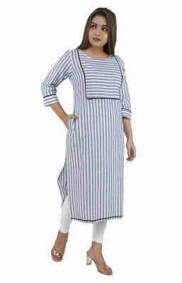 MKCLASSIC Women Striped Straight Kurta(Blue)