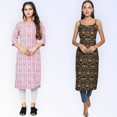 KAUTAQI Women Printed Straight Kurta(Multicolor)