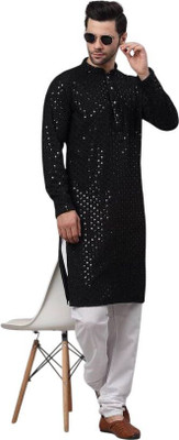 DHASU TRENDZ Men Embroidered Straight Kurta(Black)