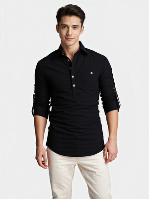 indirae Men Solid A-line Kurta(Black)