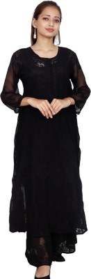 ADR CHIKANKARI Women Embroidered, Chikan Embroidery, Embellished Anarkali Kurta(Black)