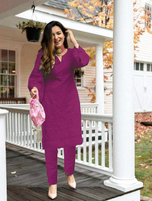 ZAZADIYA IMPEX Women Chikan Embroidery Straight Kurta(Purple)