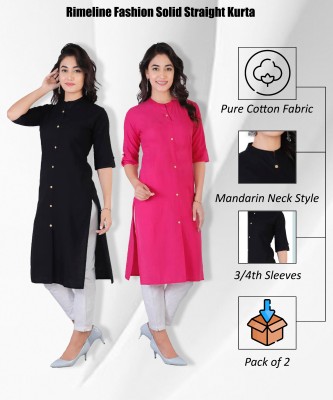 Rimeline Fashion Women Solid Frontslit Kurta(Black, Pink)