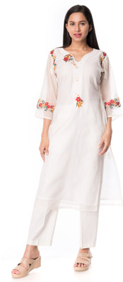 PANCHAKANYA Women Embroidered Straight Kurta(White)