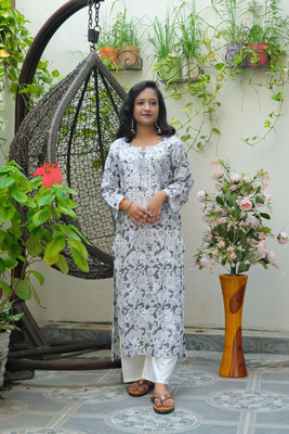 Elegance Hub Women Chikan Embroidery A-line Kurta(Grey)