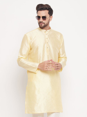 VM Men Woven Design A-line Kurta(Beige)