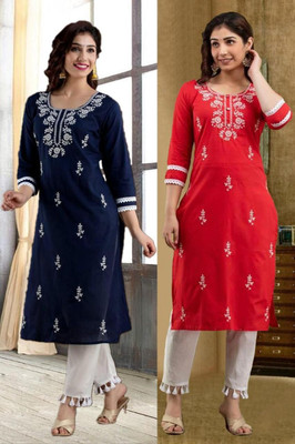 SISTO Women Chikan Embroidery A-line Kurta(Red, Blue)