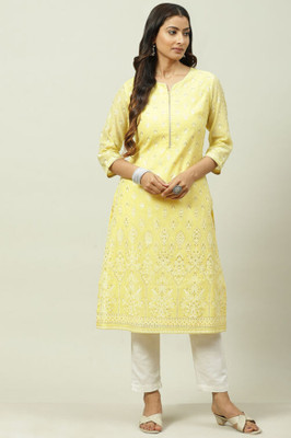 BIBA Women Printed Straight Kurta(Yellow)