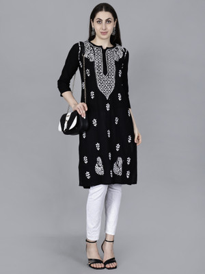 Mrs Right Women Chikan Embroidery A-line Kurta(Black)
