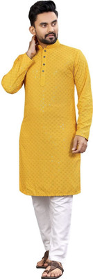 GUYS HUBB Men Chikan Embroidery, Embellished Straight Kurta(Yellow)