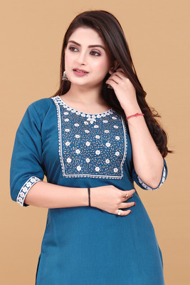 RIDDHI COLLECTION MALL Women Embroidered A-line Kurta(Blue)