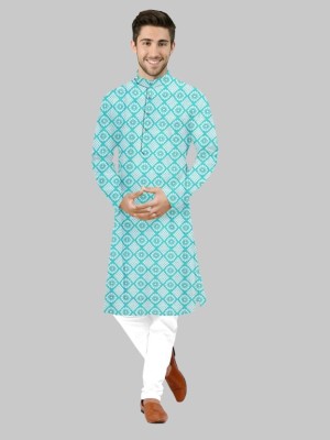 Chjgiok Creation Men Printed Straight Kurta(Light Blue)