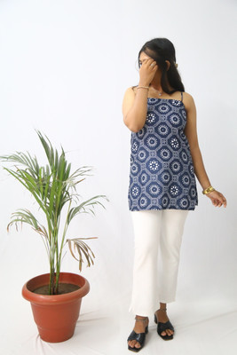 aanzri Women Printed, Geometric Print A-line Kurta(Dark Blue)