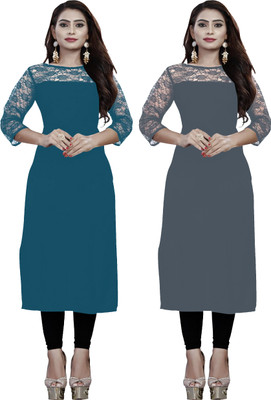 Maheshvi Women Solid Straight Kurta(Grey, Blue)