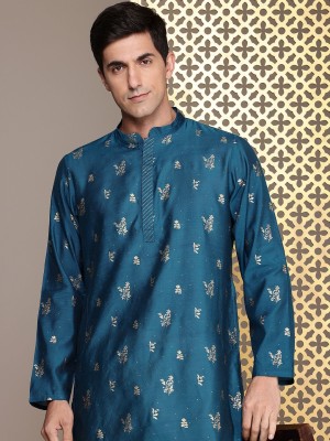 House of Pataudi Men Printed Straight Kurta(Blue)