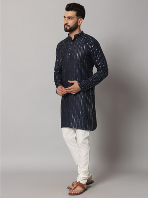 rutva Men Printed Straight Kurta(Blue)
