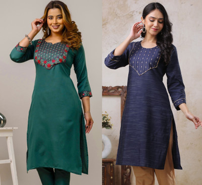 AuzaSho Collection Women Embroidered Straight Kurta(Yellow)